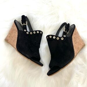 Stuart Weitzman Black Wedges with Tan Cork Heel
